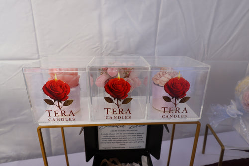 Luxury Crystal Bloom Box by TerA Candles showcasing handcrafted rose candle artistry beautifully encased in a sophisticated clear acrylic display, designed for elegant gifting, romantic occasions, and elevated statement décor. 🌹✨💎