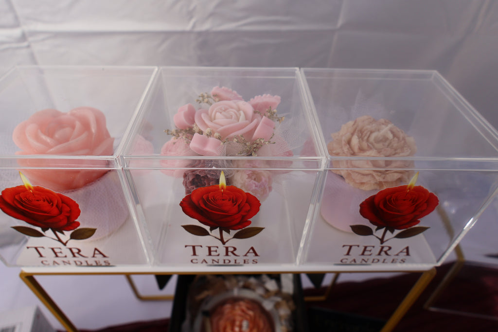 Luxury Crystal Bloom Box by TerA Candles showcasing handcrafted rose candle artistry beautifully encased in a sophisticated clear acrylic display, designed for elegant gifting, romantic occasions, and elevated statement décor. 🌹✨💎