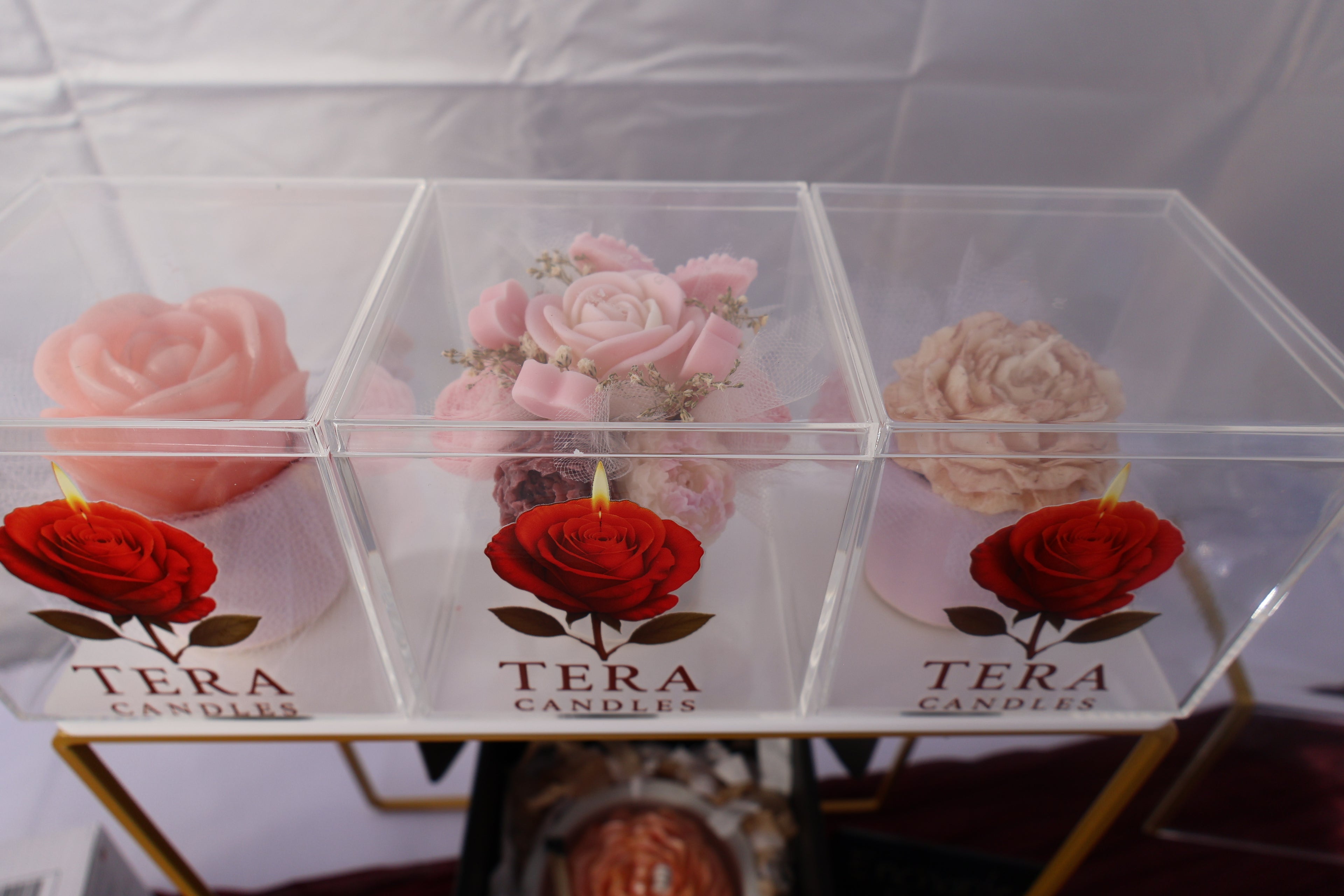 Luxury Crystal Bloom Box by TerA Candles showcasing handcrafted rose candle artistry beautifully encased in a sophisticated clear acrylic display, designed for elegant gifting, romantic occasions, and elevated statement décor. 🌹✨💎